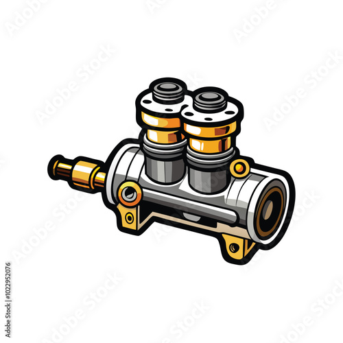 A detailed illustration of a master cylinder, featuring a realistic and stylized design with intricate details.