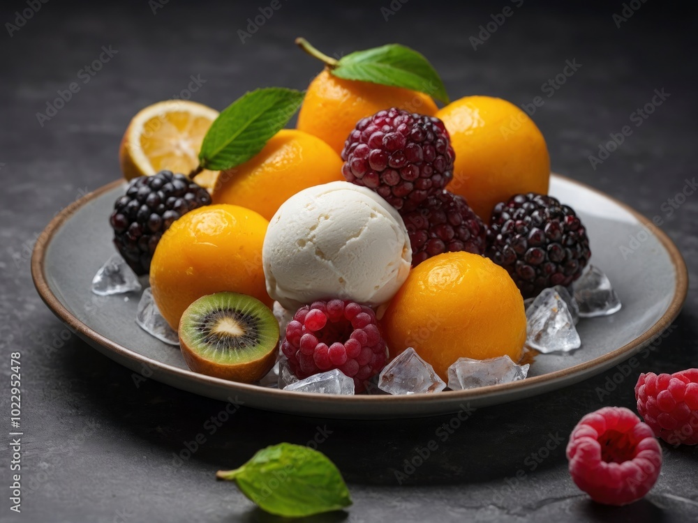 Exotic fruits ice cream balls in nice plate on grey background. Colorful fruit scoops in elegant plate Exotic fruits ice cream balls in nice plate on grey background. Colorful fruit scoops in elegant plate