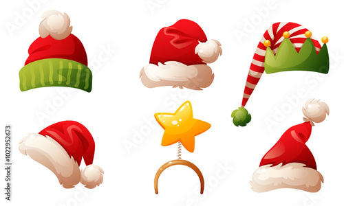 Santa Claus hats, elf hat, headdress with deer antlers and star. Winter hat, Christmas headdress, Santa Claus vector cap. Vector set for decorating Christmas and New Year designs.