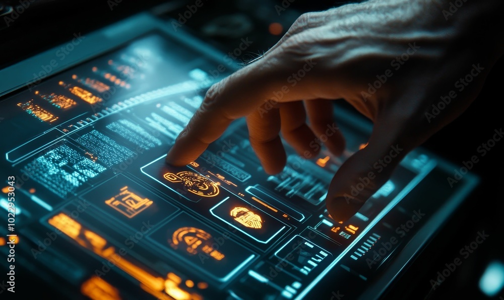 Hand pressing a futuristic glowing interface. Hand pressing a futuristic glowing interface.