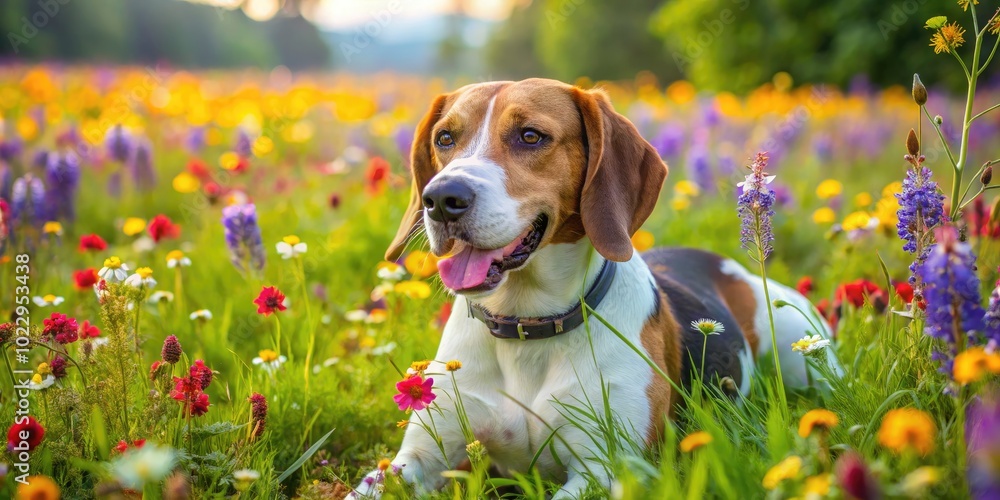 Playful Foxhound Dog Relaxing in a Sunny Meadow Surrounded by Colorful Wildflowers and Green Grass Playful Foxhound Dog Relaxing in a Sunny Meadow Surrounded by Colorful Wildflowers and Green Grass