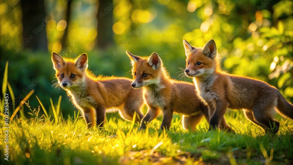 Obraz premium Playful fox pups frolicking in the grass during a sunny day in a natural woodland habitat