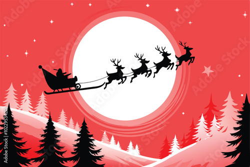 Santa Claus in his sleigh flying across the moon, red background.