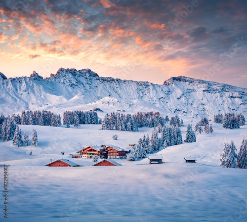 Obraz na płótnie Untouched winter landscape. Amazing morning view of Alpe di Siusi village. Cold winter scene of Dolomite Alps. Popular ski resort in Ityaly, Europe at December. Traveling concept background. w salonie
