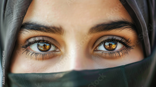 Close up of young muslim woman eyes wearing black hijab - Religion and culture concept - Model by AI generative