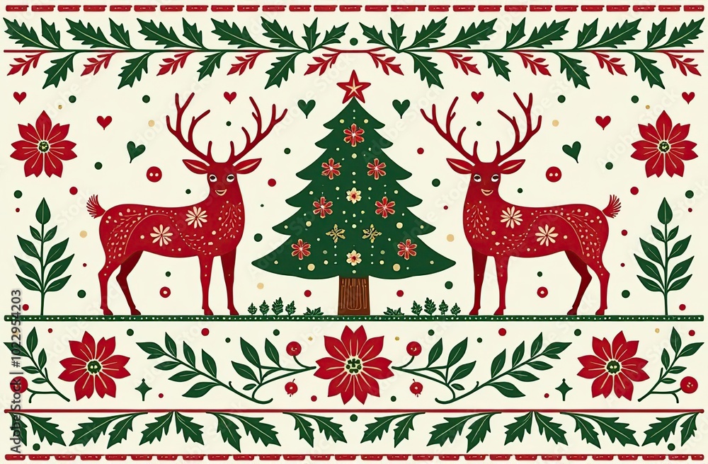 Fototapeta premium Motif Christmas ethnic handmade beautiful Ikat art. Xmas background. folk embroidery Christmas pattern, Ikat art ornament print. red,green colors. Reindeer, christmas tree,Mistletoe, poinsettia design