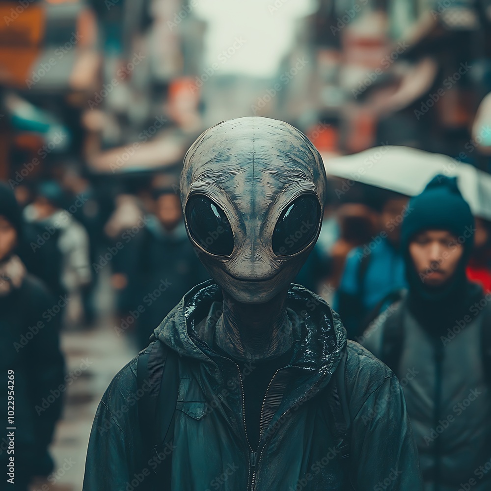Alien Incognito A Humanoid Figure Blends into a Crowded City Street. Alien Incognito A Humanoid Figure Blends into a Crowded City Street.