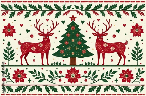 Motif Christmas ethnic handmade beautiful Ikat art. Xmas background. folk embroidery Christmas pattern, Ikat art ornament print. red,green colors. Reindeer, christmas tree,Mistletoe, poinsettia design