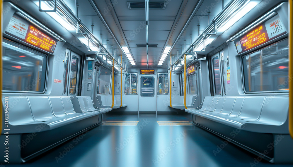 Fototapeta premium Empty subway train interior with modern seating and bright lighting.