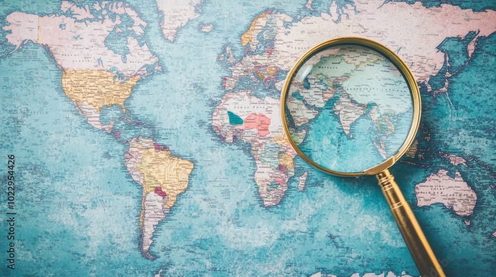Blue world map under a magnifying glass on a pastel blue background, symbolizing global travel and exploration Blue world map under a magnifying glass on a pastel blue background, symbolizing global travel and exploration
