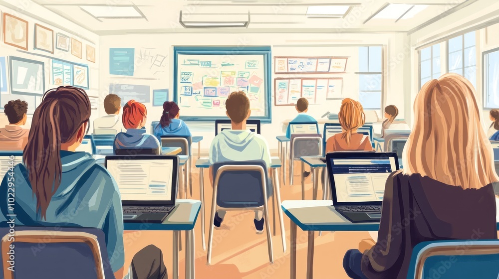 A classroom scene with students engaged in learning on laptops. A classroom scene with students engaged in learning on laptops.