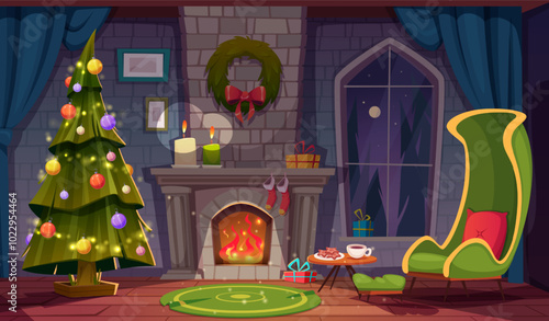  Christmas interior with Christmas treefireplace with flame and armchair