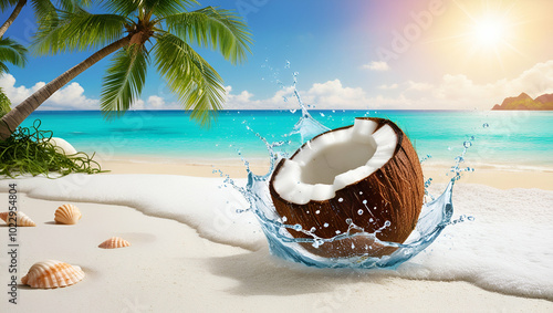 Half fresh Coconut  waterWith Splash Oil Isolated ai genrative photo