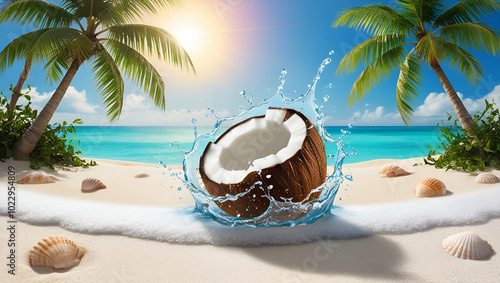 Half fresh Coconut  waterWith Splash Oil Isolated ai genrative photo