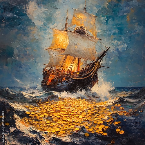 Oil Painting of a Ship Sailing Over a Sea of Gold Coins.