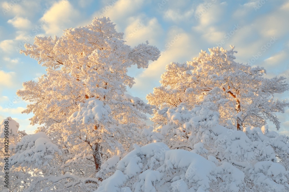 This low angle view shows snow covered pine treetops. The evergreens withstand winter storms as they stand against a clear sky with cold hues. This low angle view shows snow covered pine treetops. The evergreens withstand winter storms as they stand against a clear sky with cold hues.