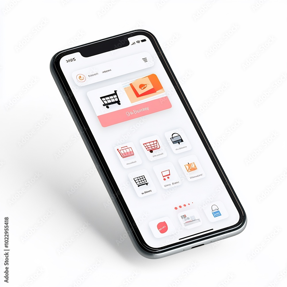 Mobile phone with a shopping app interface, white background, tech illustration Mobile phone with a shopping app interface, white background, tech illustration