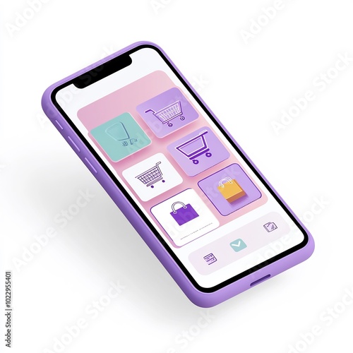 Mobile phone with a shopping app interface, white background, tech illustration