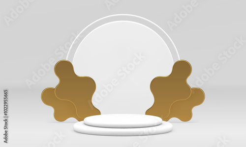 Light luxury circle 3d podium pedestal for product presentation realistic vector illustration. White elegant trendy advertising display with golden abstract smooth shape shopping sale advertisement