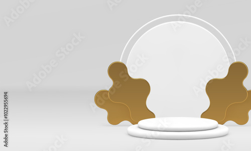 White 3d podium pedestal with golden decorative spots for presentation realistic vector illustration. Light luxury shopping sale display with circle wall background for commercial advertising