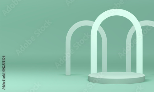 Pastel green 3d podium with arch wall background for product show realistic vector illustration. Light cylinder pedestal with geometric archway mockup for commercial advertising sale discount showroom