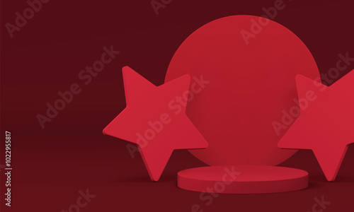 3d red fashion podium pedestal with stars for presentation realistic vector illustration. Trendy minimalist aesthetic advertising display mockup for cosmetic product show cylinder platform showcase