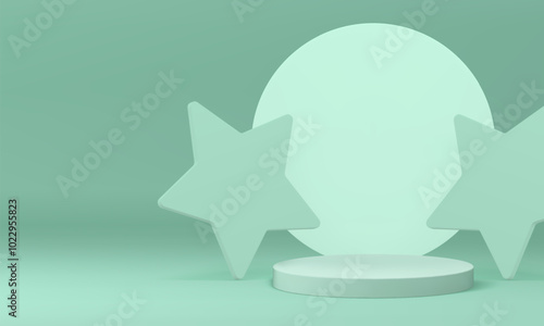 Pastel green 3d cylinder podium with stars mockup for product show realistic vector illustration. Light empty pedestal trendy showroom showcase with circle wall background for commercial advertising