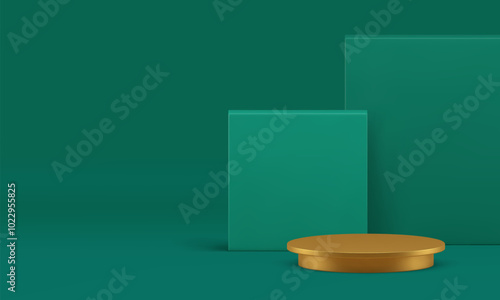 Green 3d luxury cylinder podium with geometric wall background realistic vector illustration. Trendy elegant showroom golden pedestal with rectangular backdrop mockup for product show presentation