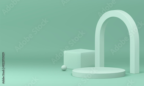 Light green 3d cylinder podium mockup for cosmetic product show realistic vector illustration. Minimalist geometric advertising showcase with arch squared cube sphere wall background for presentation