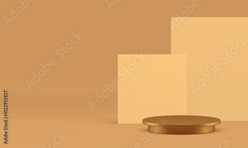 3d golden cylinder podium beige yellow geometric wall background realistic vector illustration. Luxury elegant advertising showroom round platform with rectangle backdrop mockup product advertising