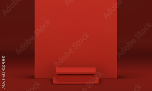 Red 3d squared podium with wall background for presentation realistic vector illustration. Fashion pedestal platform empty commercial display showroom mockup for shopping sale advertising promo