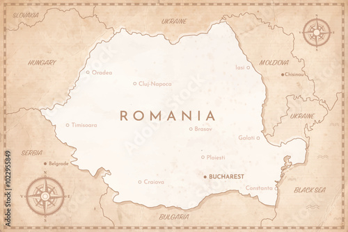 Vintage Romania old map with main cities and national borders for presentations, posters, infographics, reports