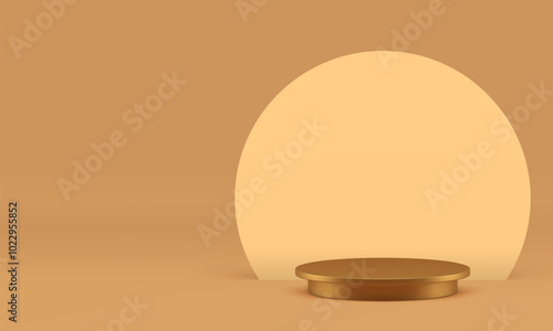 3d golden cylinder podium with round wall background realistic vector illustration. Luxury elegant pedestal neutral advertising showroom commercial shopping space interior mockup for presentation