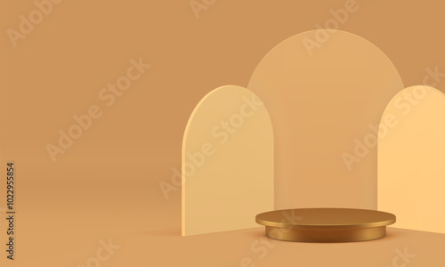 3d golden cylinder podium with semi circle wall background realistic vector illustration. Yellow beige advertising showcase with pedestal mockup for cosmetic product show presentation shopping sale