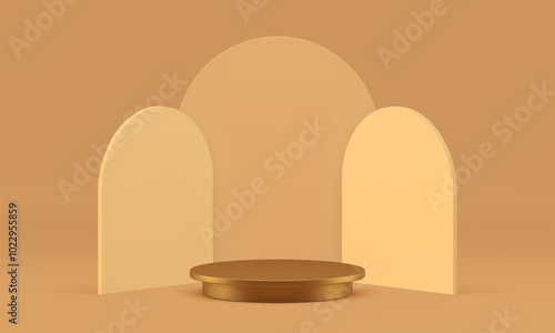 3d golden cylinder podium beige display mockup for show realistic vector illustration. Light neutral yellow showroom pedestal semi circle wall background product shopping sale commercial presentation