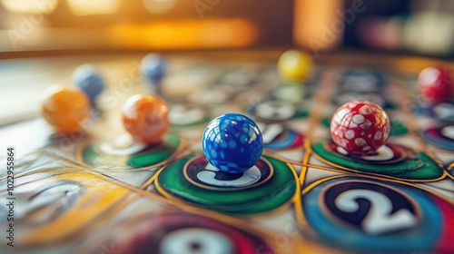 Close-up of a bingo card with a rotating lottery drum, numbered balls visible, vibrant.