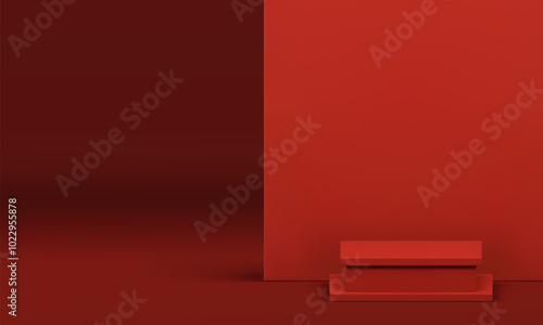 3d red squared podium platform mockup for cosmetic product show realistic vector illustration. Trendy geometric pedestal showcase empty space interior for shopping sale commercial advertising