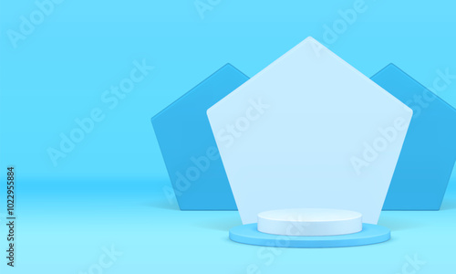 3d cylinder light blue podium with pentagonal wall background realistic vector illustration. Trendy minimalist round pedestal with abstract geometric backdrop mockup showcase display for product show