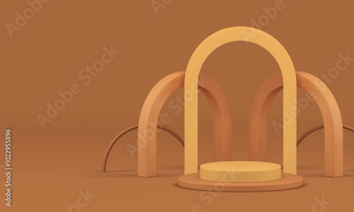 Beige neutral 3d cylinder podium with arch mockup for cosmetic product show realistic vector illustration. Brown pedestal with curved geometric shapes wall background for commercial presentation