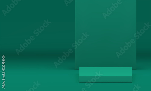 3d green showroom squared podium pedestal for presentation realistic vector illustration. Trendy stylish showcase geometric display platform with wall background for fashion shopping sale advertising