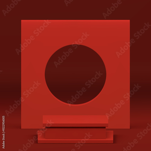 Red 3d squared podium with abstract geometric wall background for show realistic vector illustration. Fashion pedestal with circle square backdrop minimalist aesthetic trendy showcase shopping sale