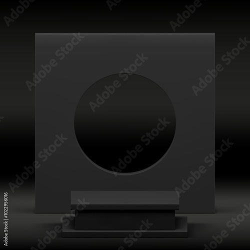 Black 3d showcase podium pedestal mockup for fashion product show realistic vector illustration. Dark display squared platform with circle hole frame wall background minimalist stage for advertising