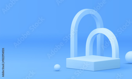 Light lilac 3d podium pedestal with arch mockup for product show realistic vector illustration. Trendy minimalist blue advertising display with curved shape geometric wall background for shopping sale