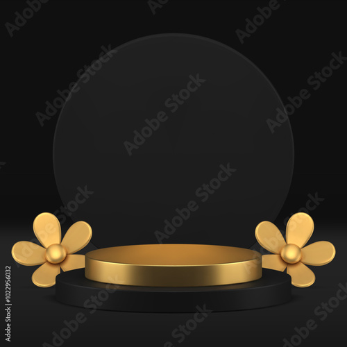 Black luxury 3d podium with golden chamomile flower for show realistic vector illustration. Dark fashion pedestal with decorative floral element for male product presentation shopping sale advertising