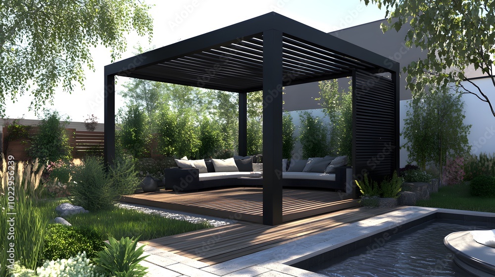 A modern black metal garden canopy with seating, situated in the middle of a lawn, features a minimalistic design A modern black metal garden canopy with seating, situated in the middle of a lawn, features a minimalistic design