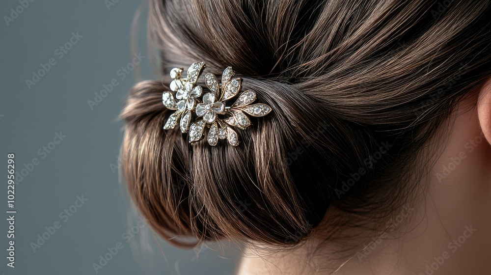 Close-up of a hair clip on a young woman hair, with a gray backdrop highlighting the accessory. Close-up of a hair clip on a young woman hair, with a gray backdrop highlighting the accessory.