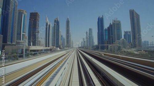 A view of a city's skyline from the train tracks in the middle of the city.