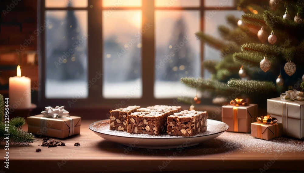 Panforte in a beautiful plate on the table against the background of a living room with large windows, snow falling, a Christmas tree with gifts Panforte in a beautiful plate on the table against the background of a living room with large windows, snow falling, a Christmas tree with gifts