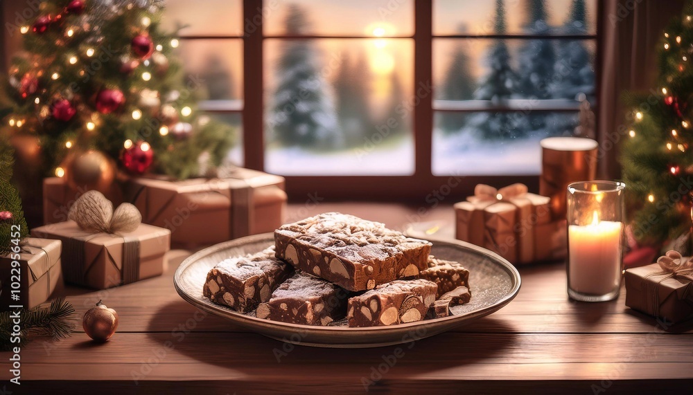 Panforte in a beautiful plate on the table against the background of a living room with large windows, snow falling, a Christmas tree with gifts Panforte in a beautiful plate on the table against the background of a living room with large windows, snow falling, a Christmas tree with gifts