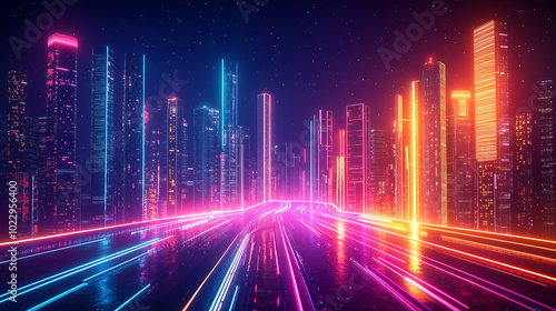 futuristic neon cityscape with glowing abstract skyscrapers and vibrant lights